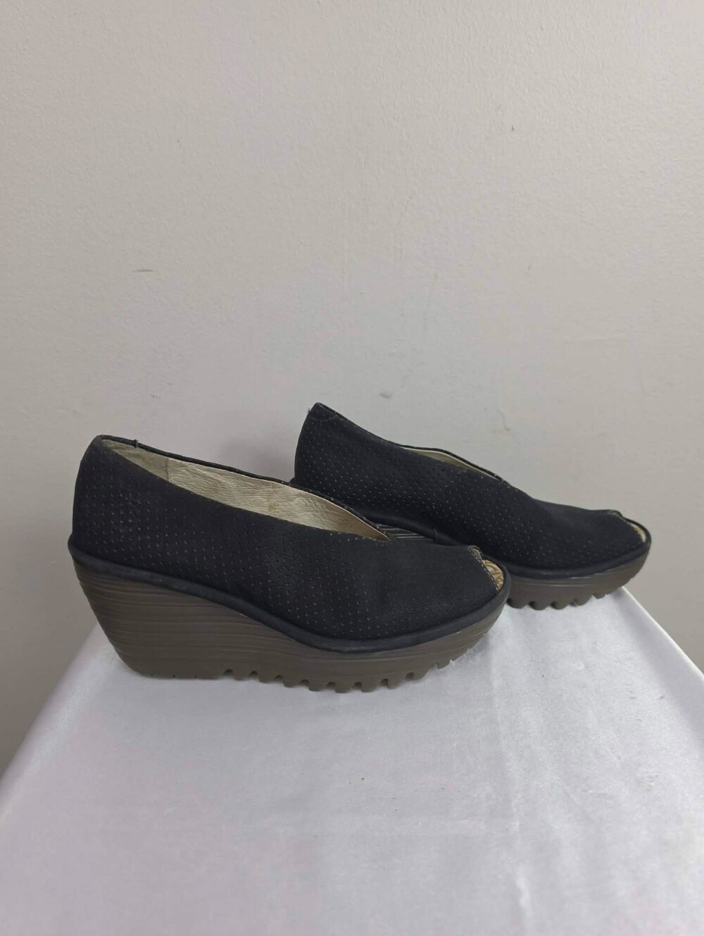 Fly London Black Perforated Suede Peep-Toe Platform Wedges